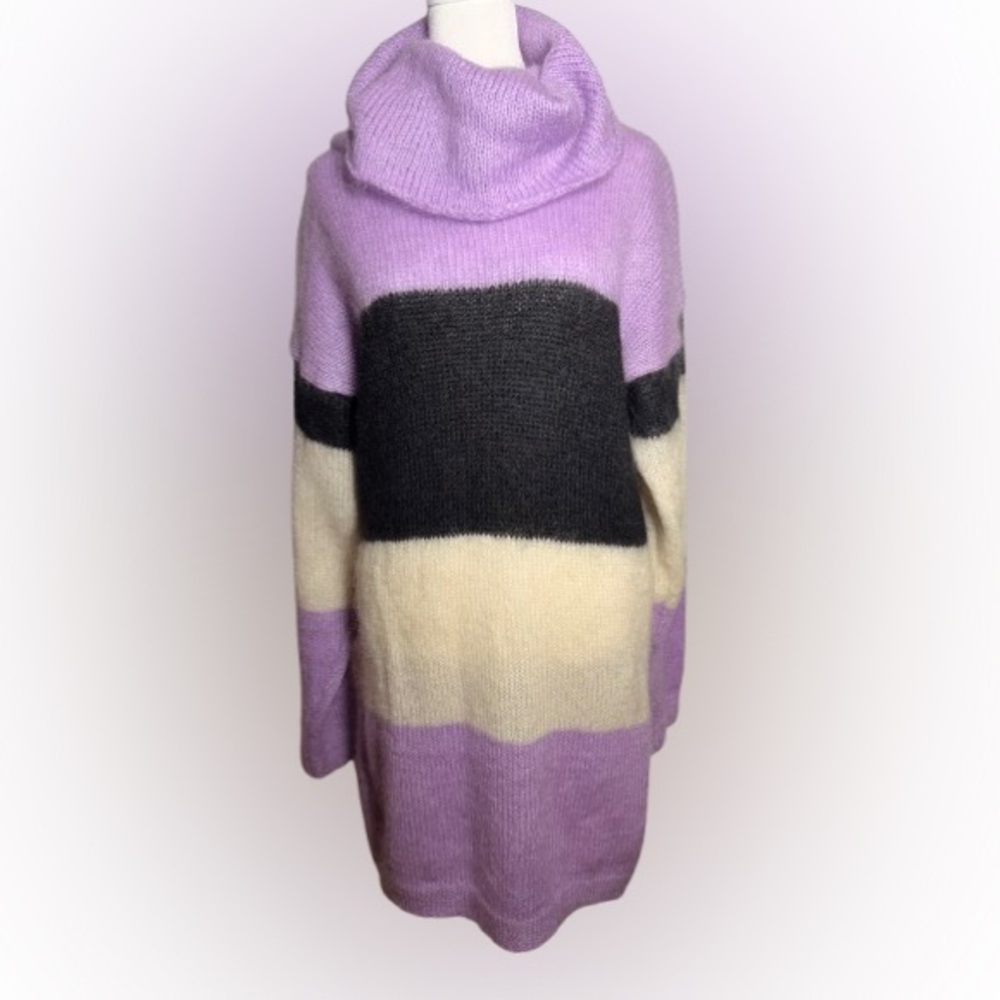 Colorblock Cowl Neck Sweater Dress/Long Sweater Purple, Black, Cream, Wool Blend